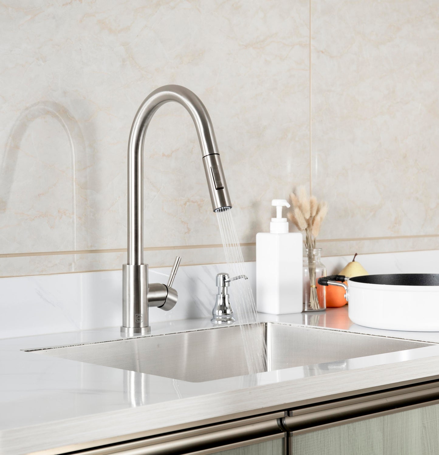 Calla Single Handle Pull Down Sprayer Kitchen Faucet, Modern Style, Brushed Nickel - KF120BNK