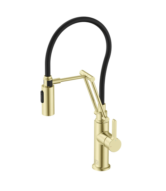 Selene Single Handle Pull Down Sprayer Kitchen Faucet, Industrial Style, Brushed Gold - KF140BGD