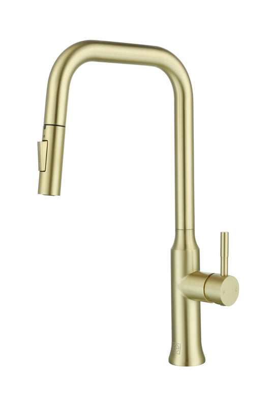 Astrid Single Handle Pull Down Sprayer Kitchen Faucet, Modern Style, Brushed Gold - KF210BGD