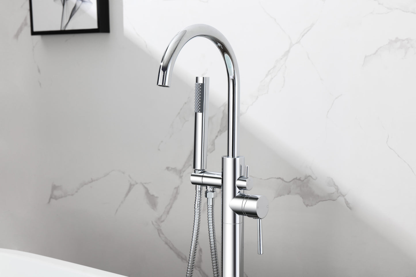 Leander Floor Mounted Roman Tub Faucet with Handshower, Modern Style, Chrome - TF100PCH