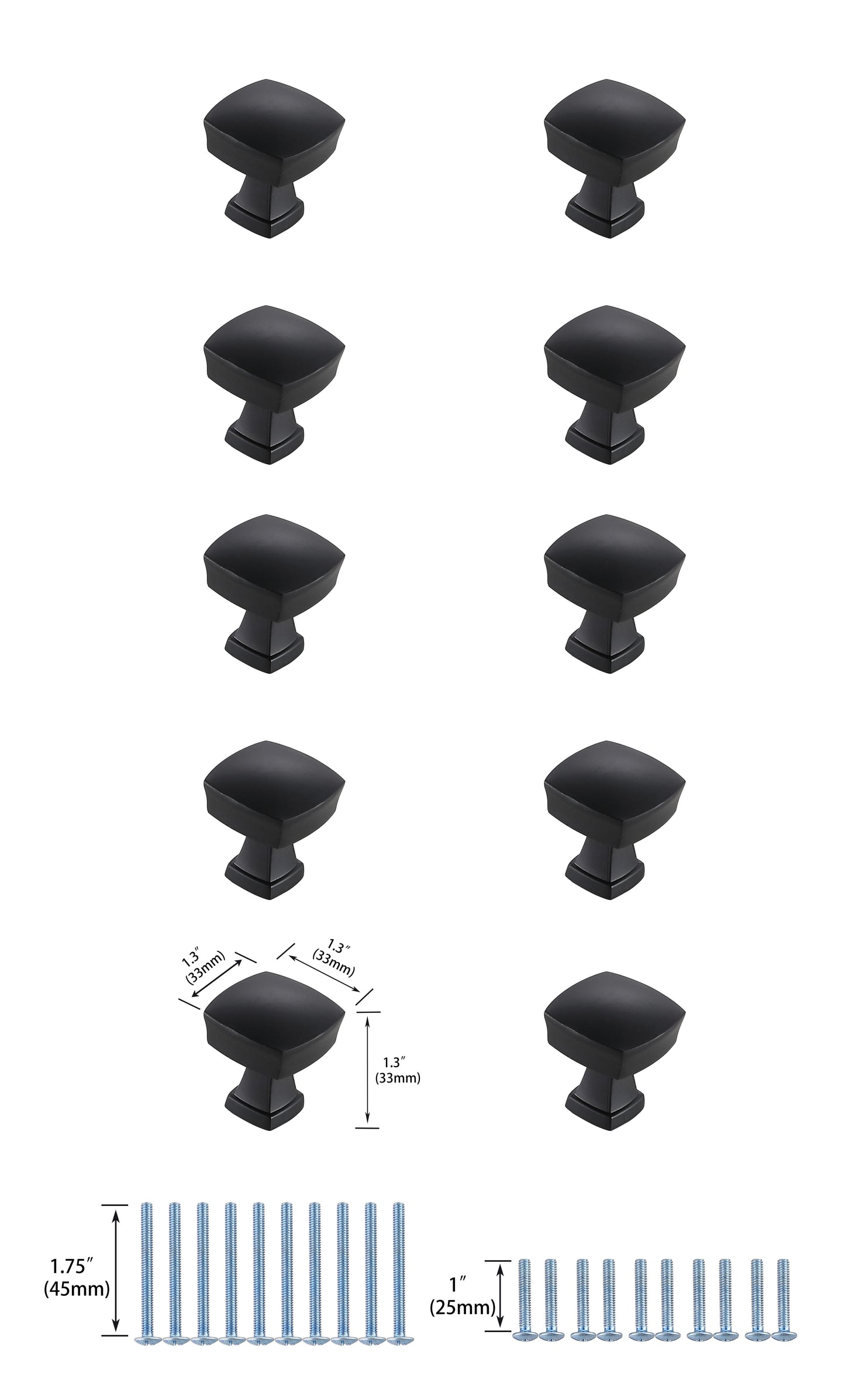 Maelis 1.3" Square Knob Multipack (Set of 10), Modern Style, Matte Black - CK200MB-10PK