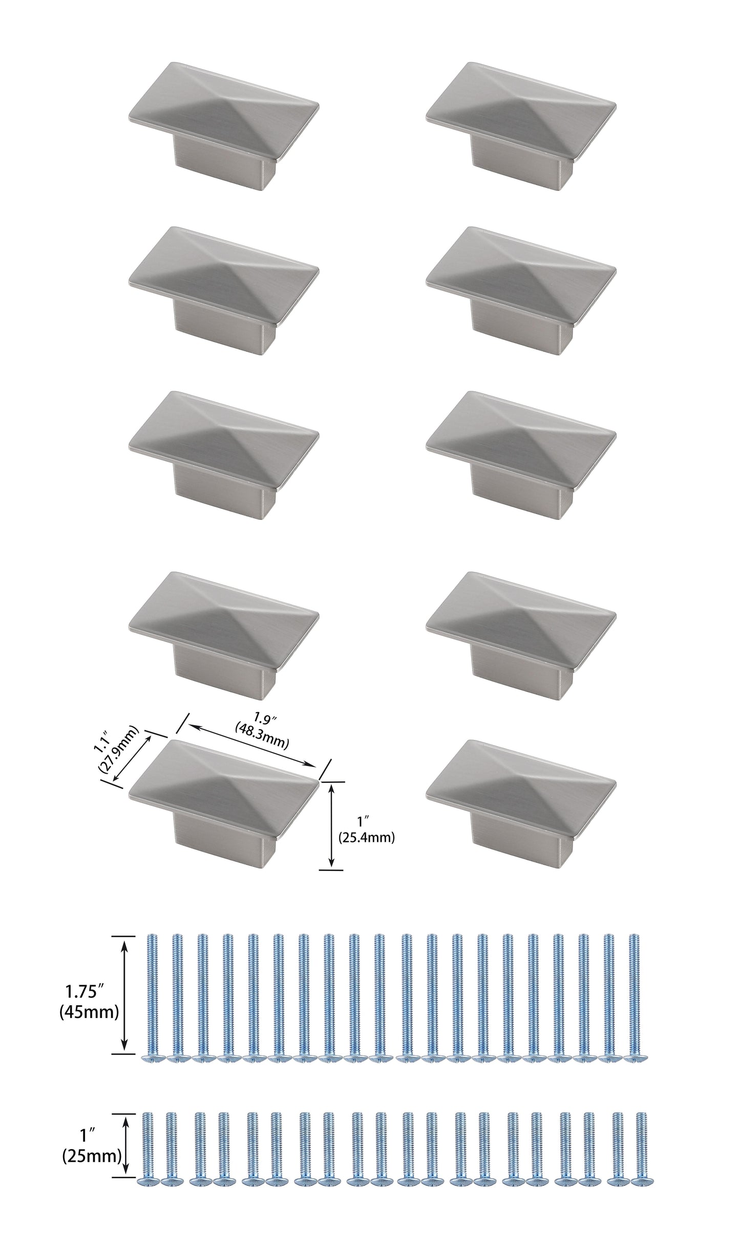 Calista 2" Rectangle Knob Multipack (Set of 10), Modern Style, Brushed Nickel - CK230NK-10PK