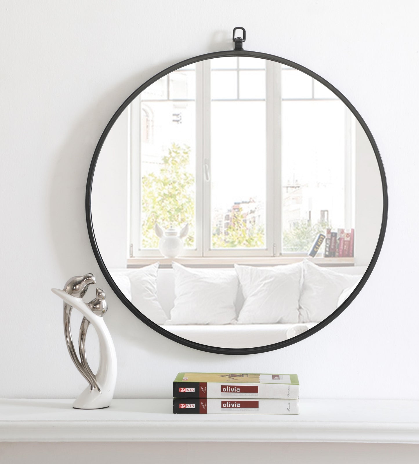 Focus, Metal Frame Round Mirror with Decorative Hook 24 Inch Finish, Contemporary, Black - MR18024BK