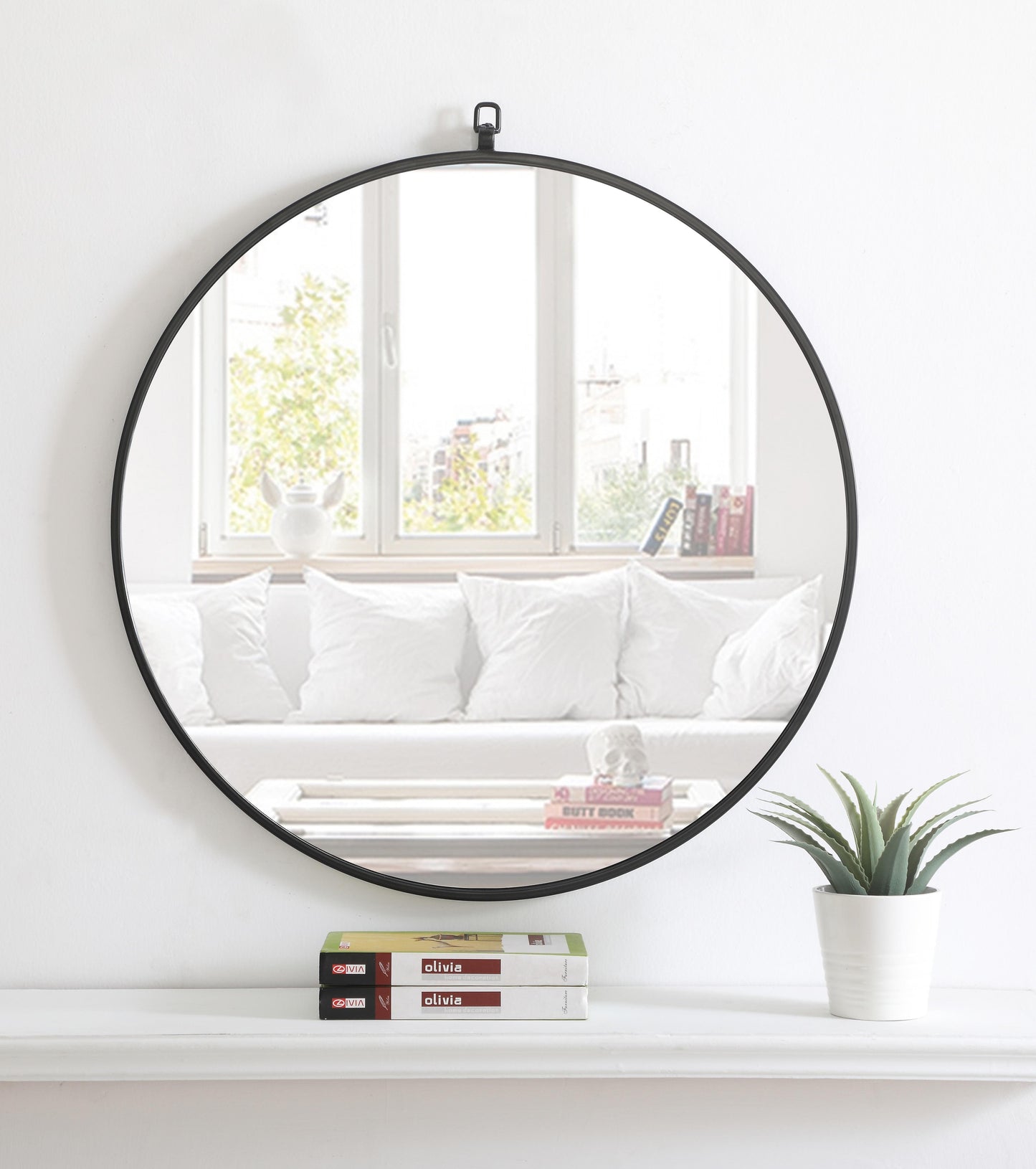 Focus, Metal Frame Round Mirror with Decorative Hook 28 Inch Finish, Contemporary, Black - MR18028BK