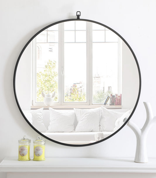 Focus, Metal Frame Round Mirror with Decorative Hook 32 Inch Finish, Contemporary, Black - MR18032BK