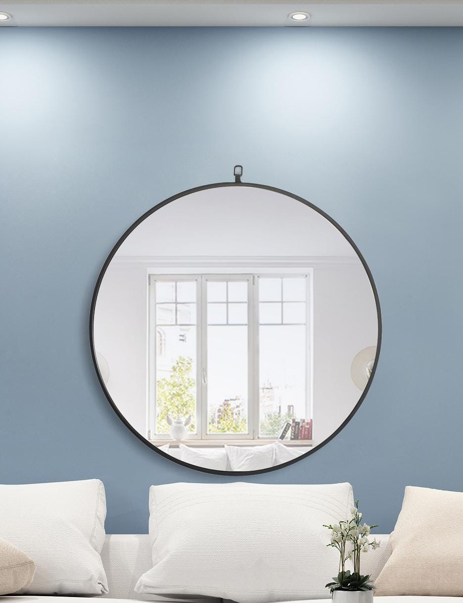 Focus, Metal Frame Round Mirror with Decorative Hook 32 Inch Finish, Contemporary, Black - MR18032BK