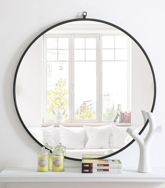 Focus, Metal Frame Round Mirror with Decorative Hook 36 Inch Finish, Contemporary, Black - MR18036BK