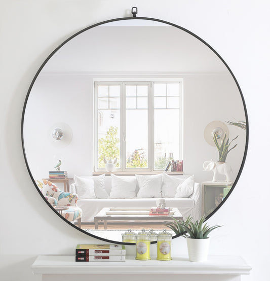 Focus, Metal Frame Round Mirror with Decorative Hook 48 Inch Finish, Contemporary, Black - MR18048BK