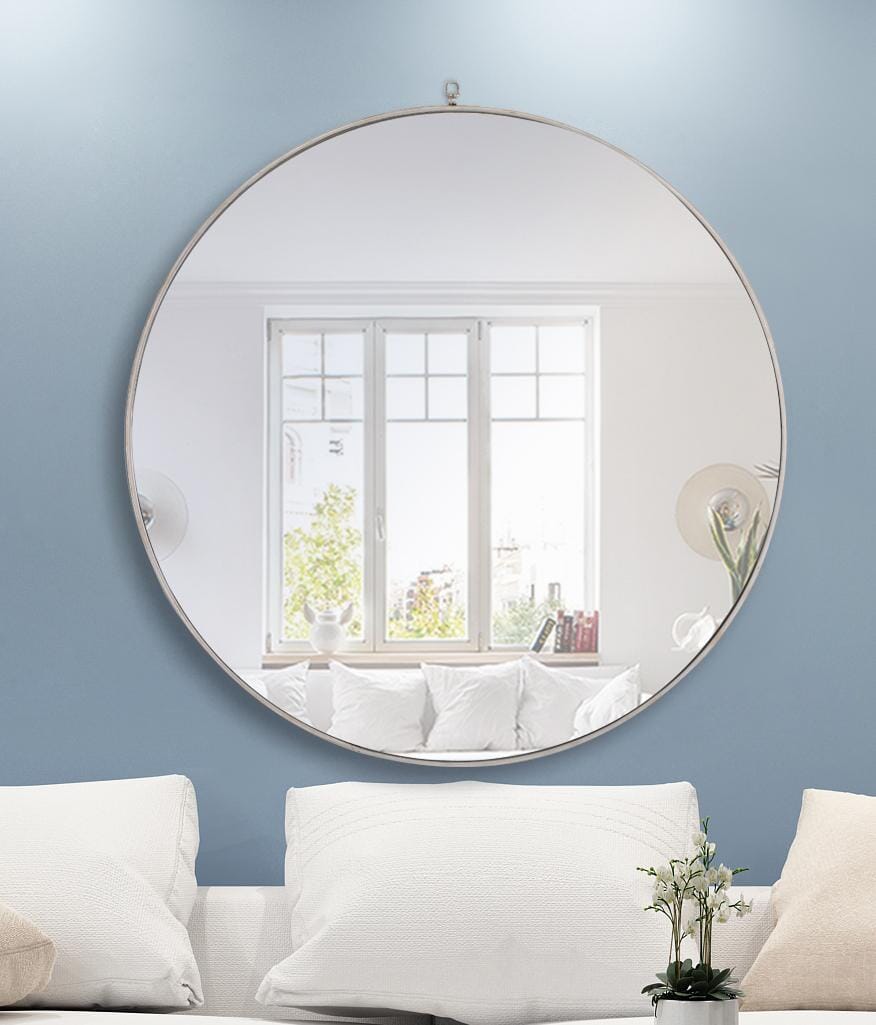 Focus, Metal Frame Round Mirror with Decorative Hook 48 Inch Finish, Contemporary, Silver - MR180489S