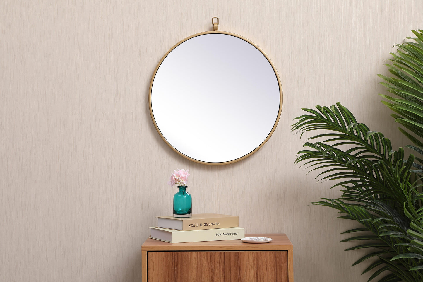 Brilliance, Metal Frame Round Mirror with Decorative Hook 18 Inch in, Midcentury Modern, Brass - MR2201818BR