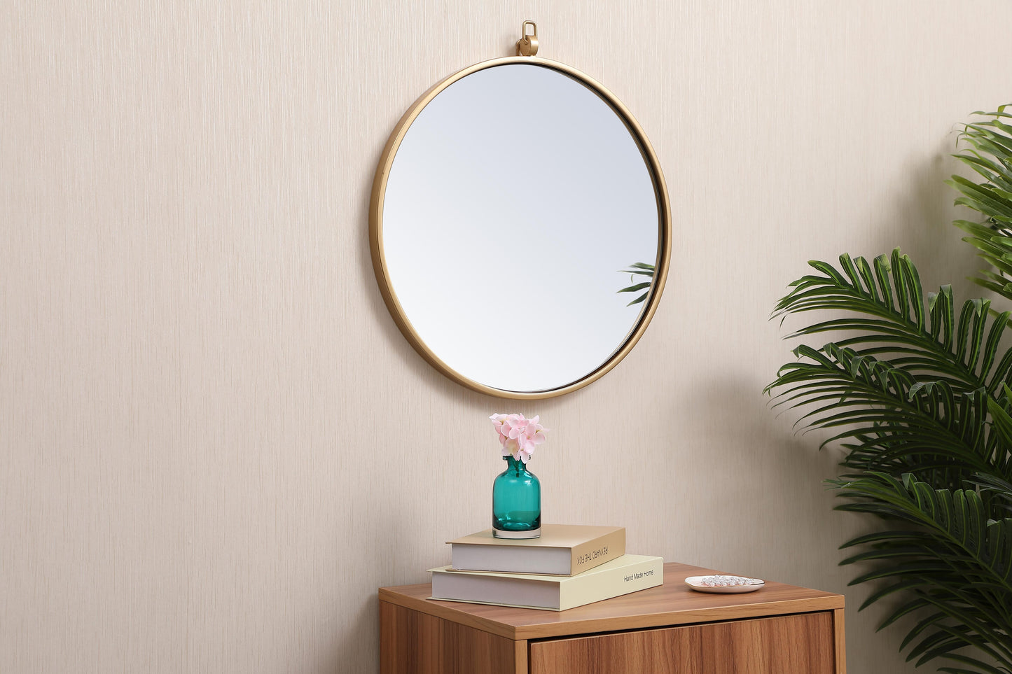 Brilliance, Metal Frame Round Mirror with Decorative Hook 18 Inch in, Midcentury Modern, Brass - MR2201818BR