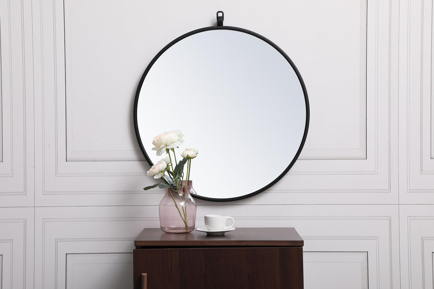 Brilliance, Metal Frame Round Mirror with Decorative Hook 21 Inch in, Midcentury Modern, Black - MR2202121BK