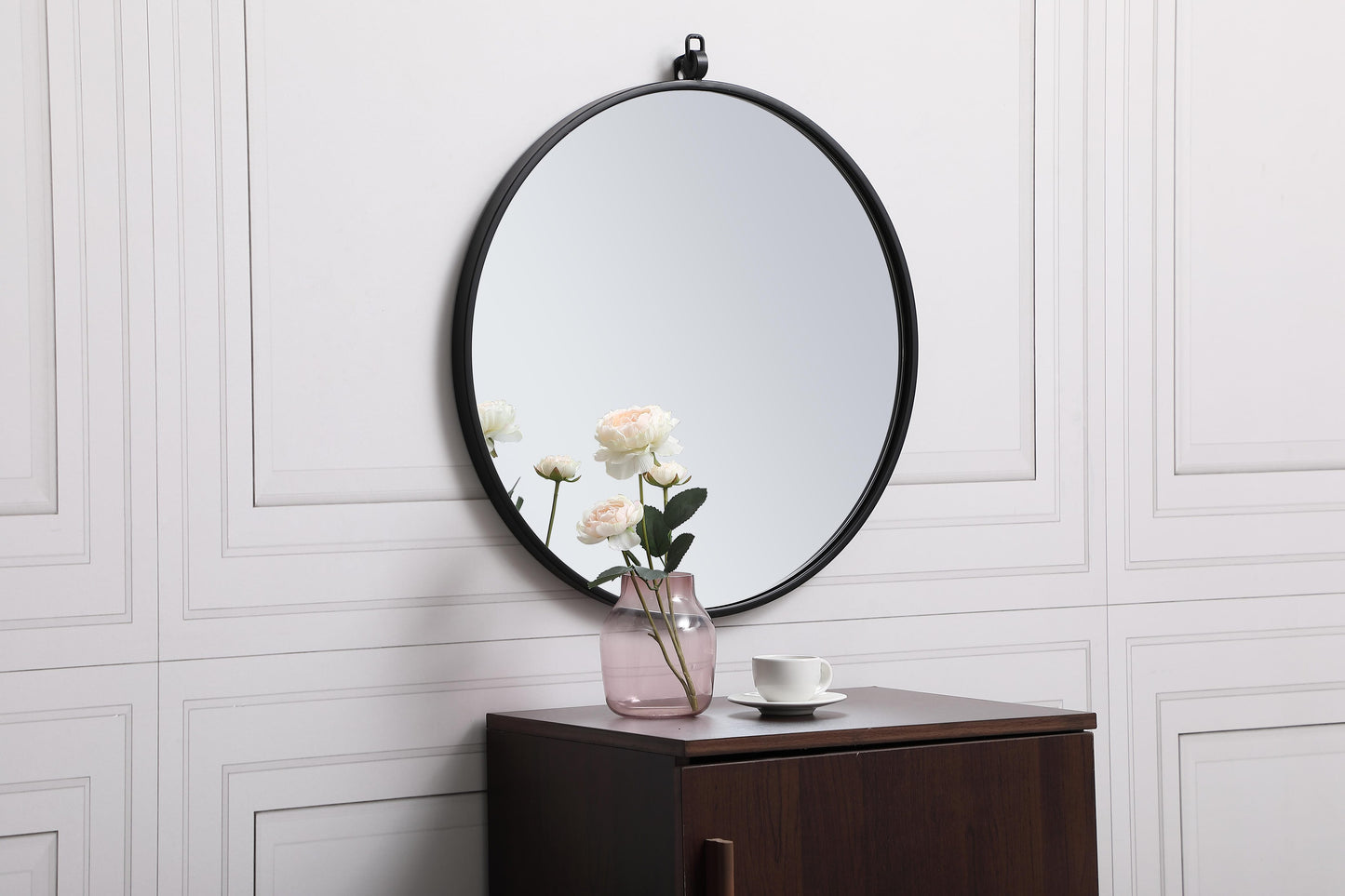 Brilliance, Metal Frame Round Mirror with Decorative Hook 21 Inch in, Midcentury Modern, Black - MR2202121BK