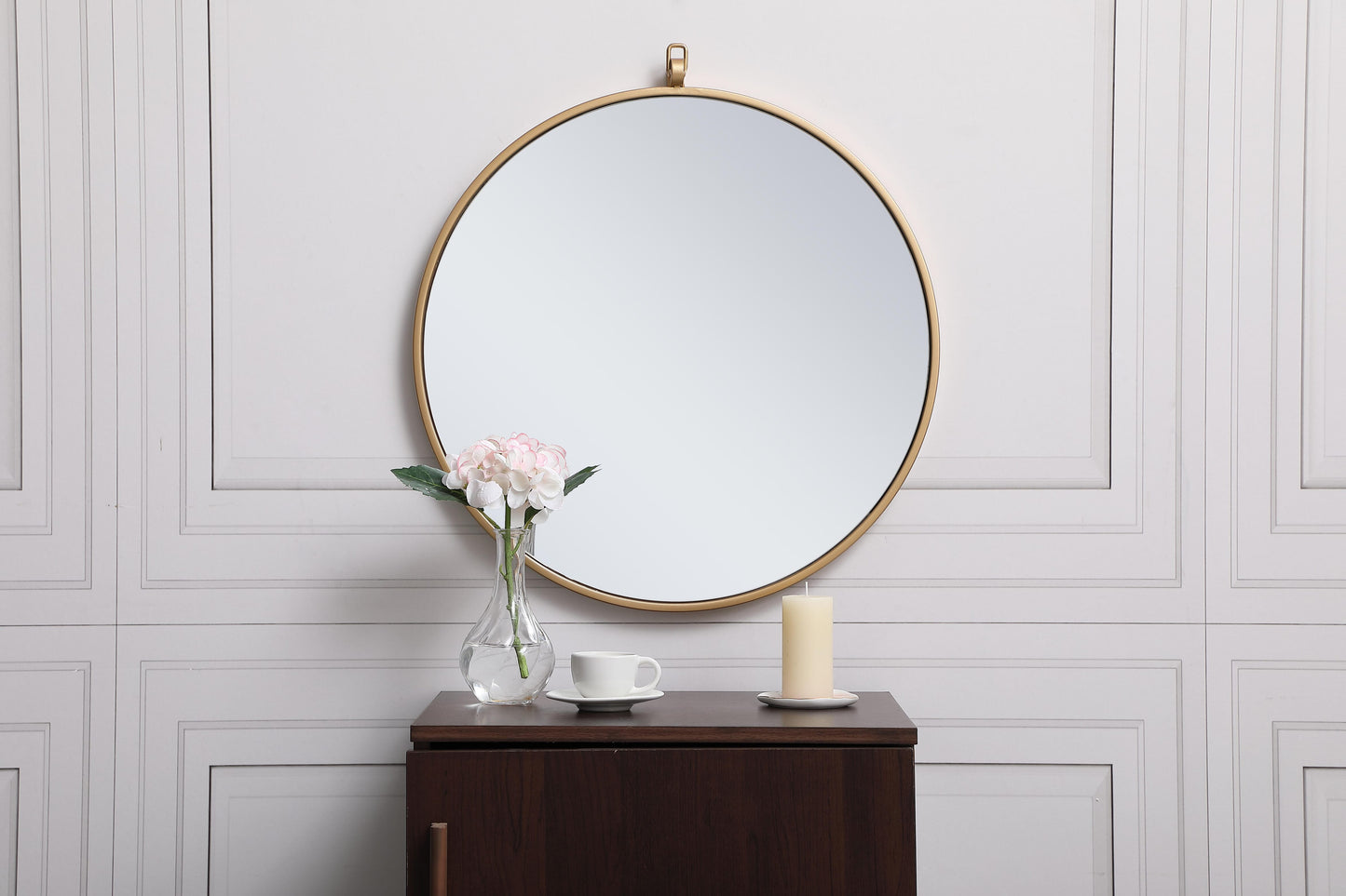 Brilliance, Metal Frame Round Mirror with Decorative Hook 21 Inch in, Midcentury Modern, Brass - MR2202121BR