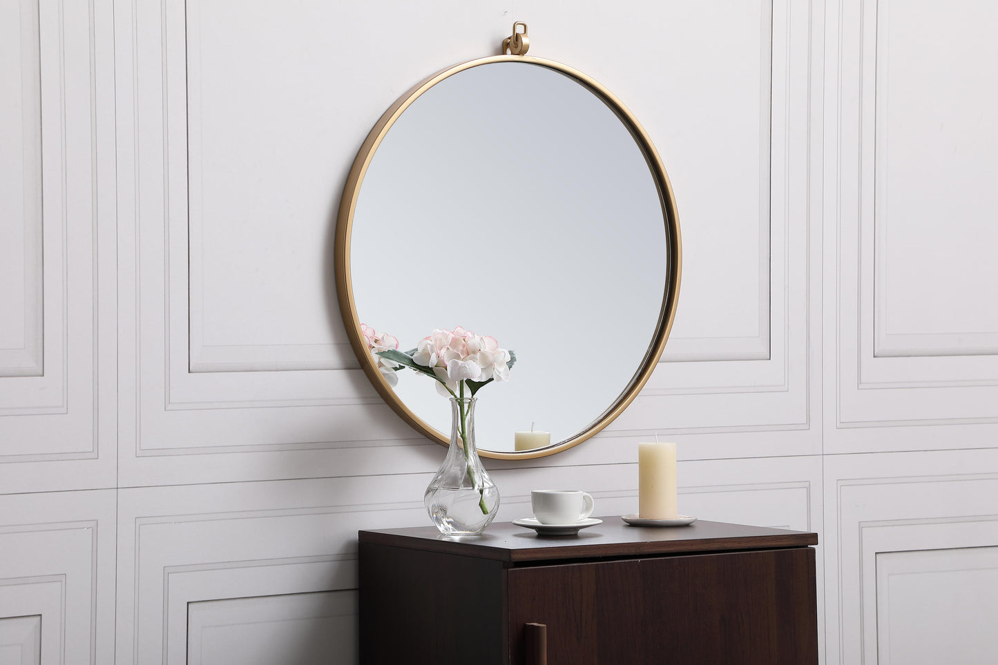 Brilliance, Metal Frame Round Mirror with Decorative Hook 21 Inch in, Midcentury Modern, Brass - MR2202121BR