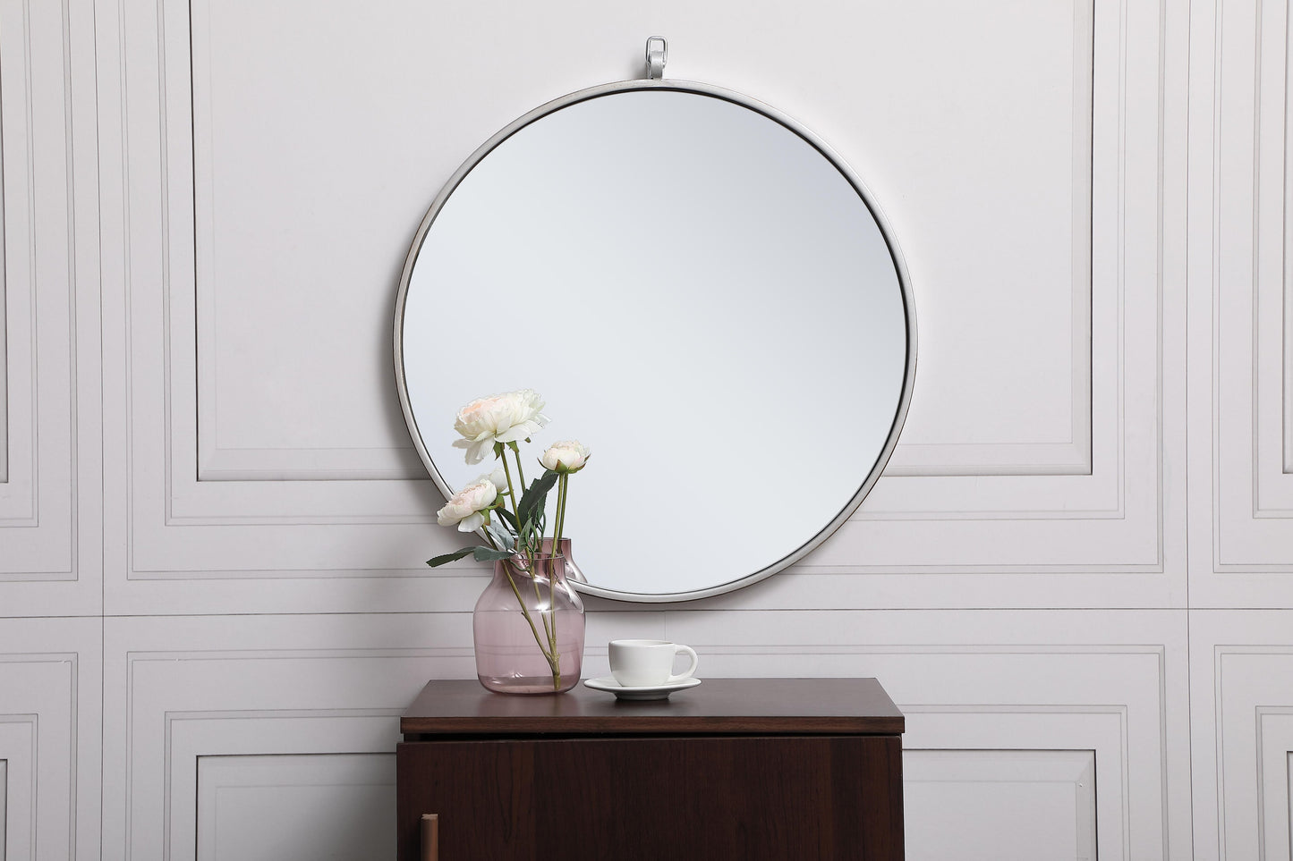 Brilliance, Metal Frame Round Mirror with Decorative Hook 21 Inch in Silver, Midcentury Modern, Silver - MR22021211S