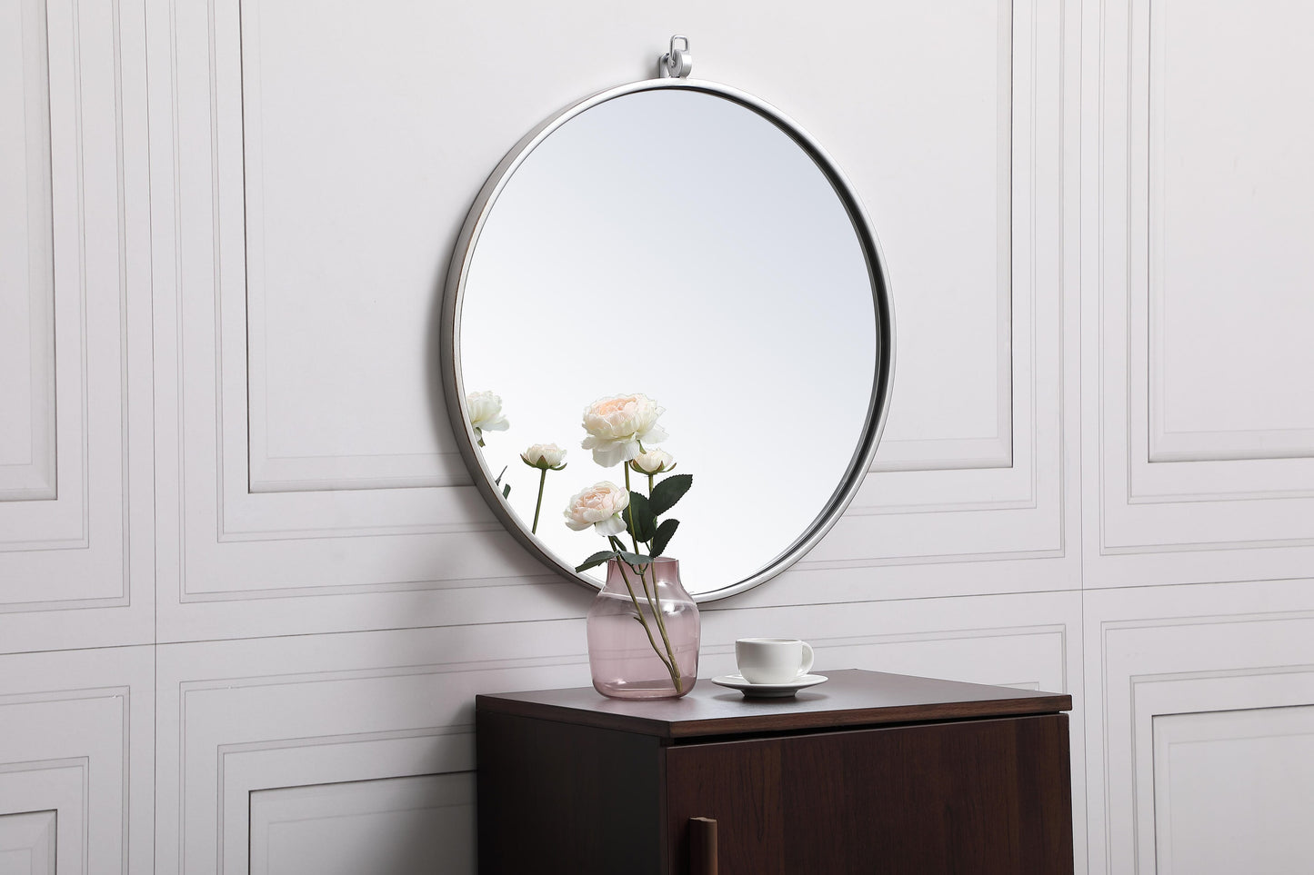 Brilliance, Metal Frame Round Mirror with Decorative Hook 21 Inch in Silver, Midcentury Modern, Silver - MR22021211S