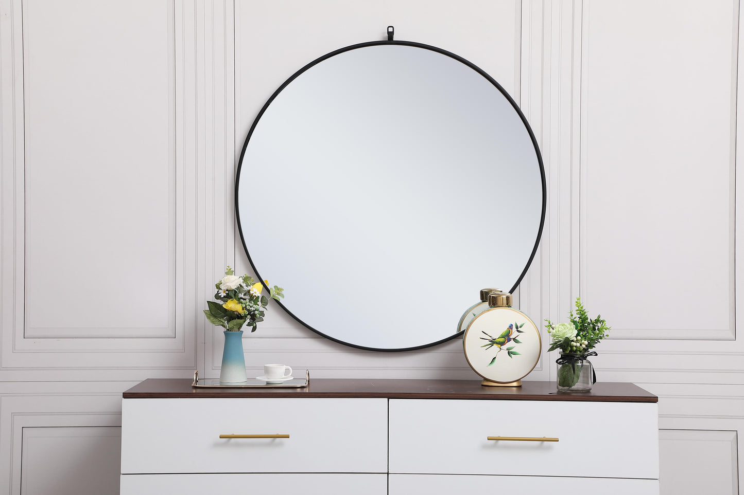 Brilliance, Metal Frame Round Mirror with Decorative Hook 39 Inch in, Midcentury Modern, Black - MR2203939BK