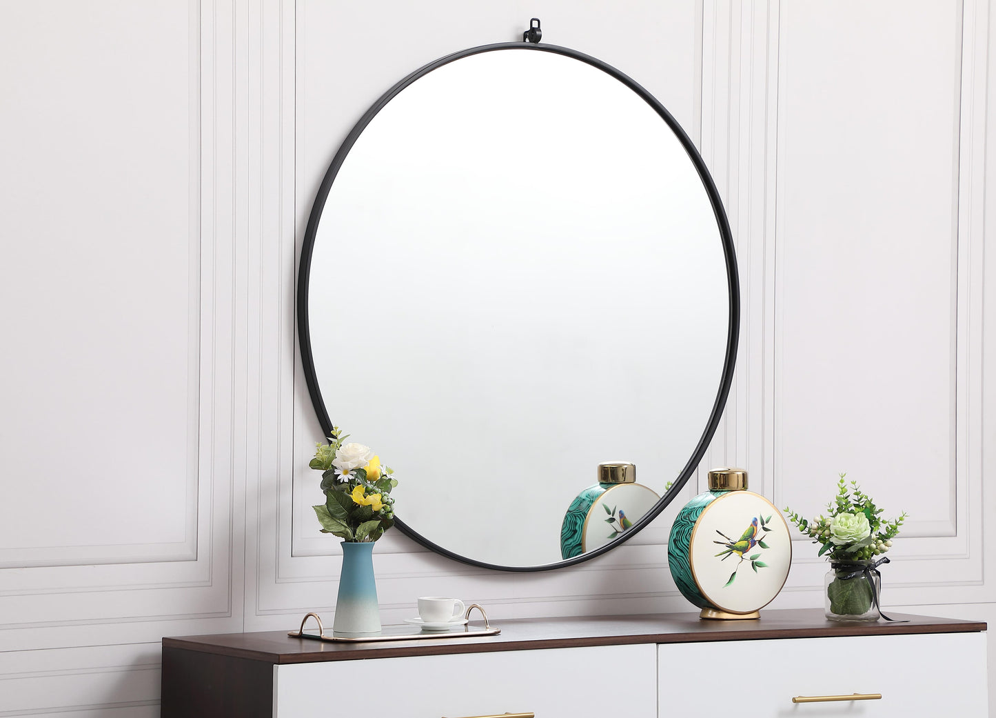 Brilliance, Metal Frame Round Mirror with Decorative Hook 39 Inch in, Midcentury Modern, Black - MR2203939BK