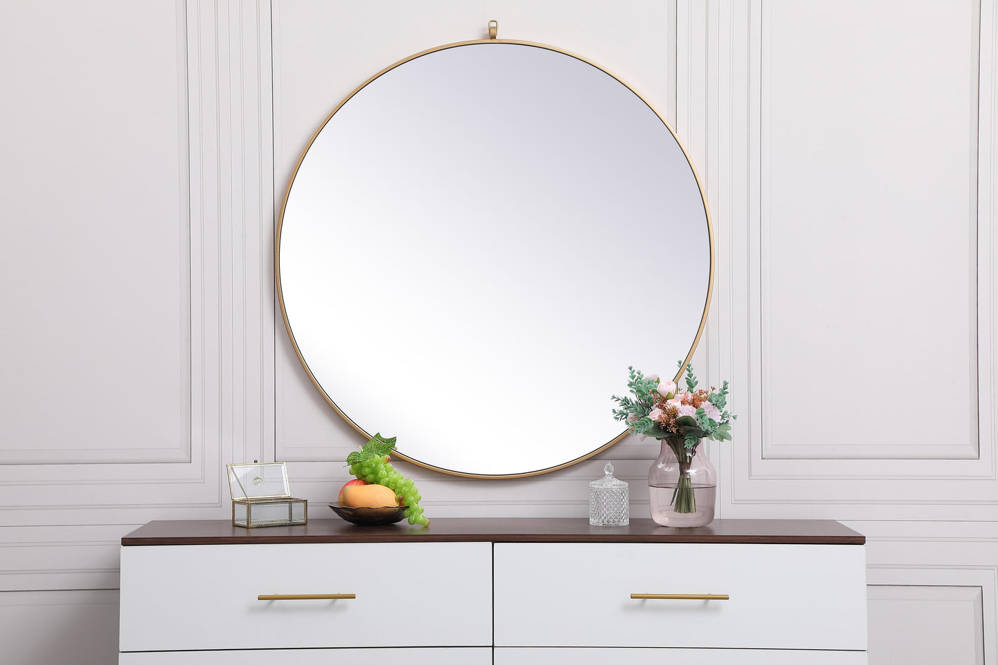 Brilliance, Metal Frame Round Mirror with Decorative Hook 39 Inch in, Midcentury Modern, Brass - MR2203939BR