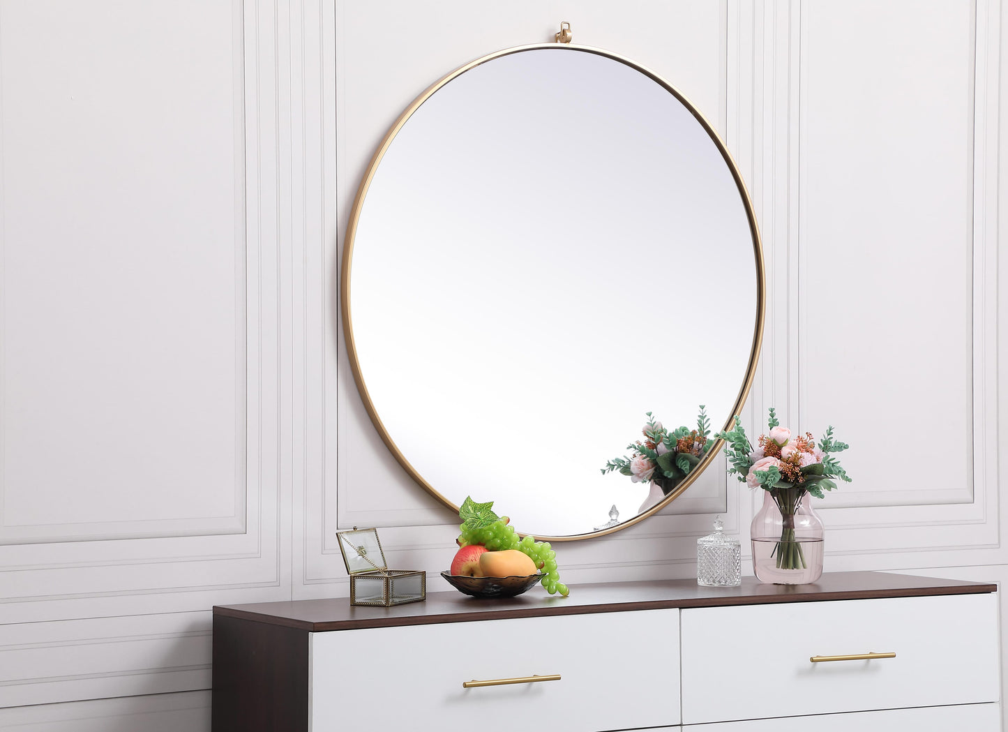 Brilliance, Metal Frame Round Mirror with Decorative Hook 39 Inch in, Midcentury Modern, Brass - MR2203939BR