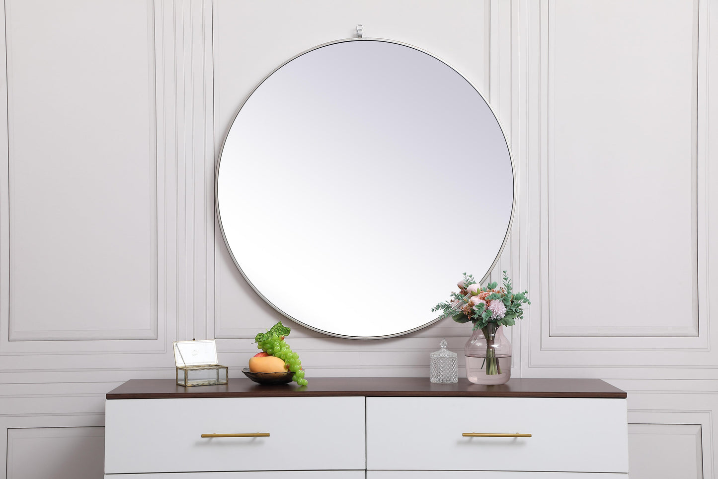 Brilliance, Metal Frame Round Mirror with Decorative Hook 39 Inch in Silver, Midcentury Modern, Silver - MR22039399S