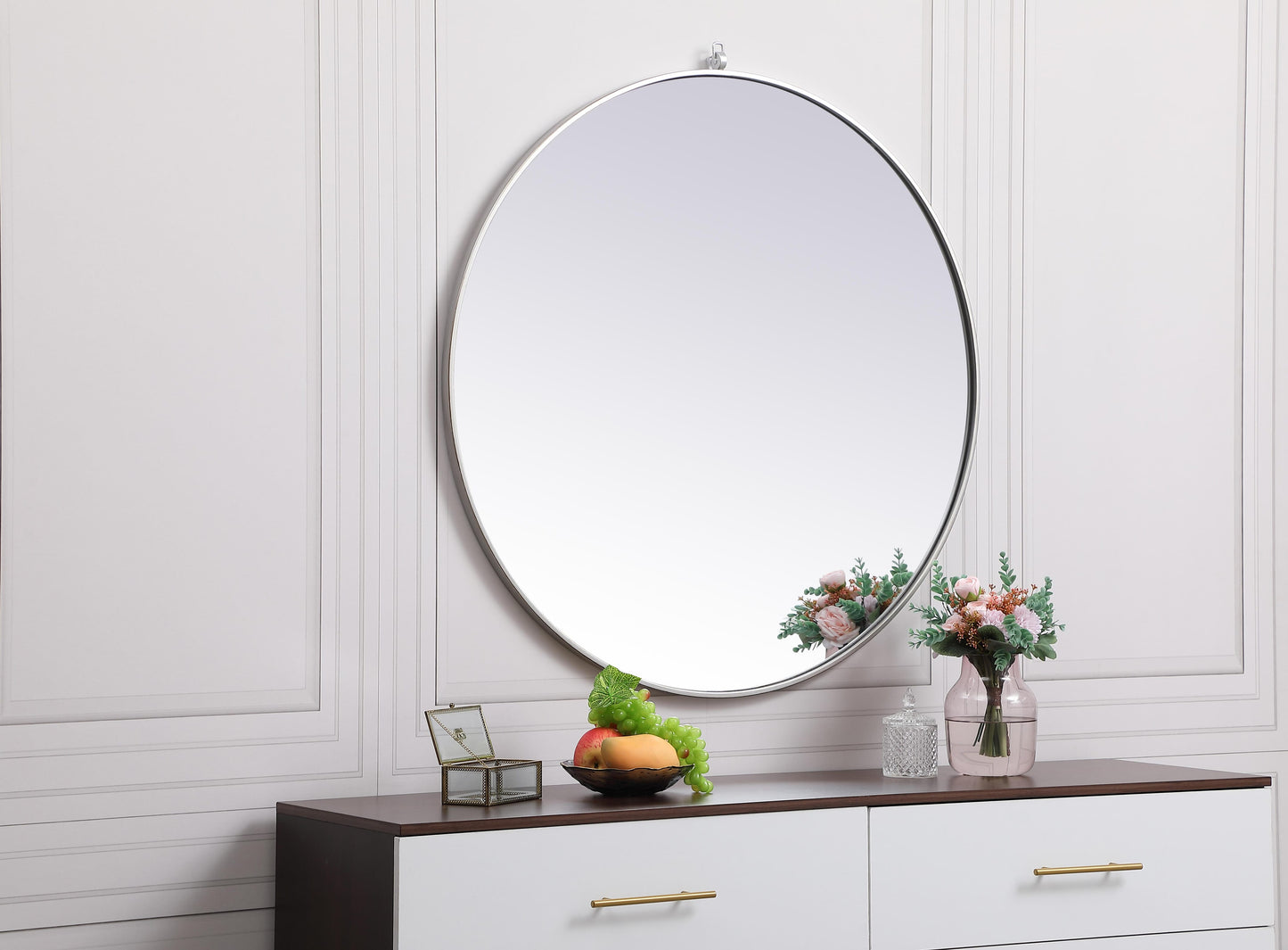 Brilliance, Metal Frame Round Mirror with Decorative Hook 39 Inch in Silver, Midcentury Modern, Silver - MR22039399S