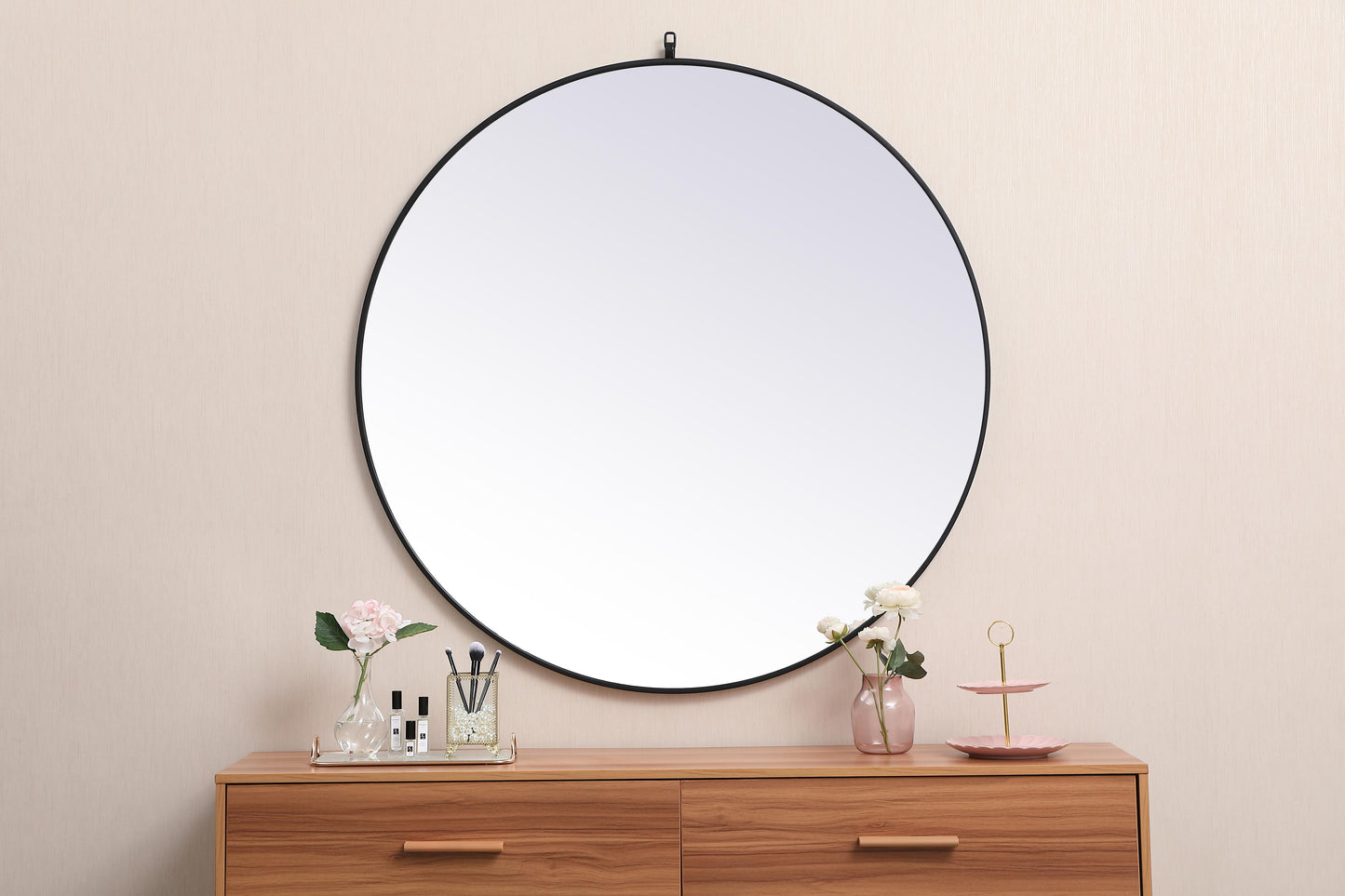 Brilliance, Metal Frame Round Mirror with Decorative Hook 45 Inch in, Midcentury Modern, Black - MR2204545BK