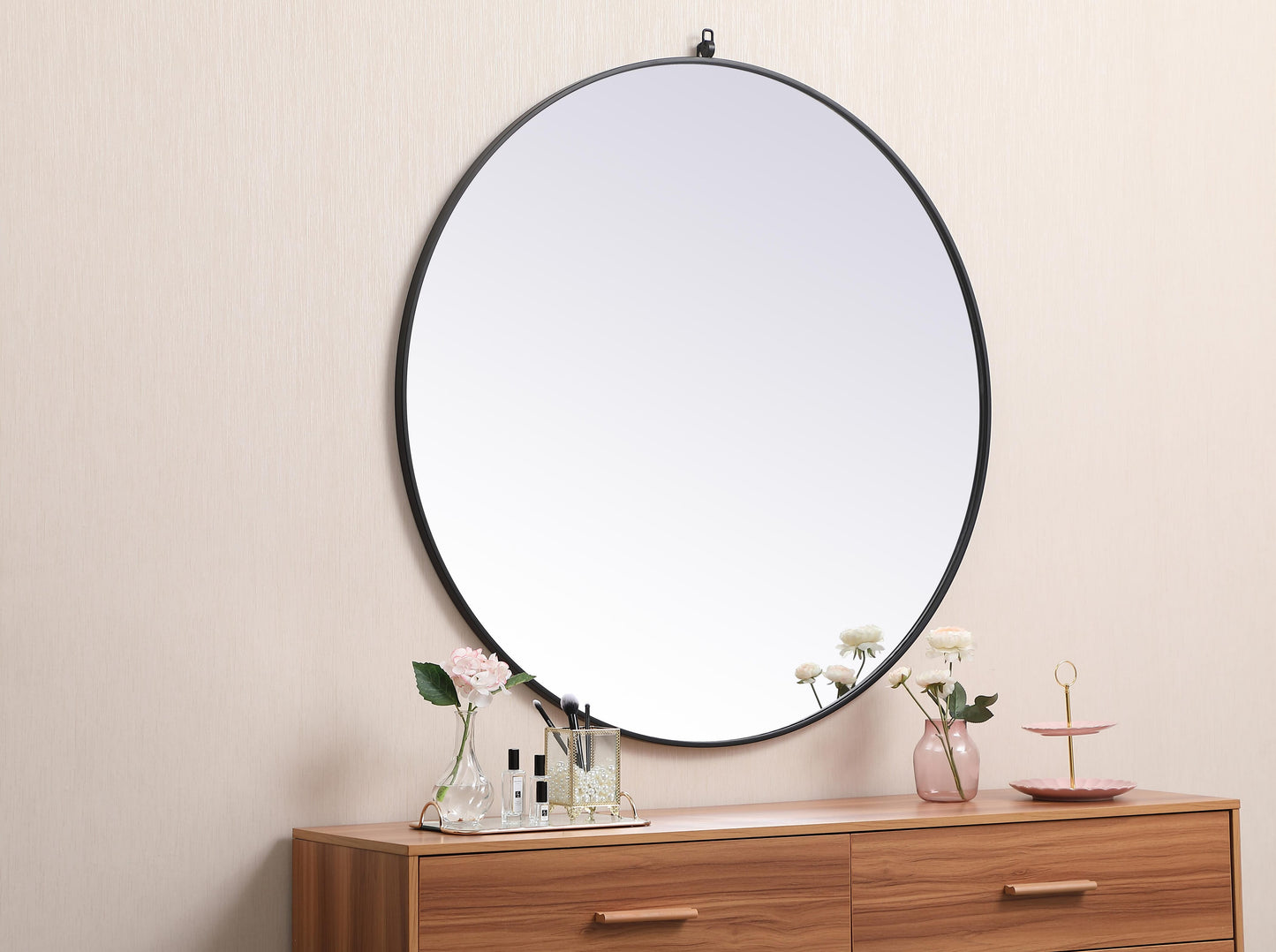 Brilliance, Metal Frame Round Mirror with Decorative Hook 45 Inch in, Midcentury Modern, Black - MR2204545BK