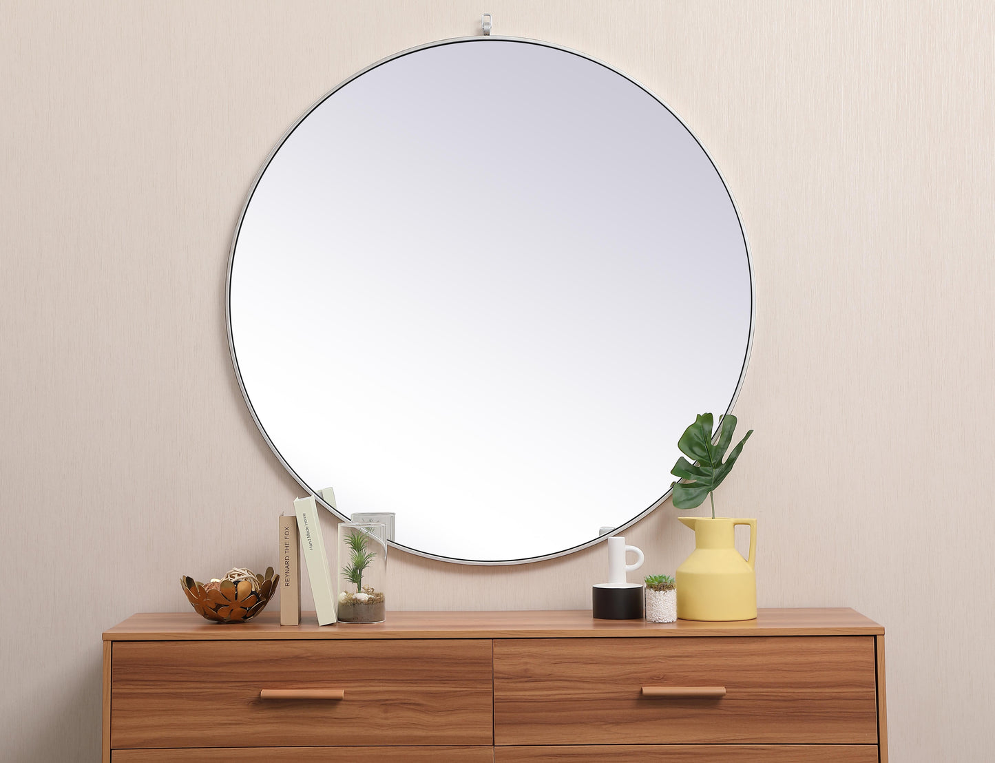 Brilliance, Metal Frame Round Mirror with Decorative Hook 45 Inch in Silver, Midcentury Modern, Silver - MR22045455S