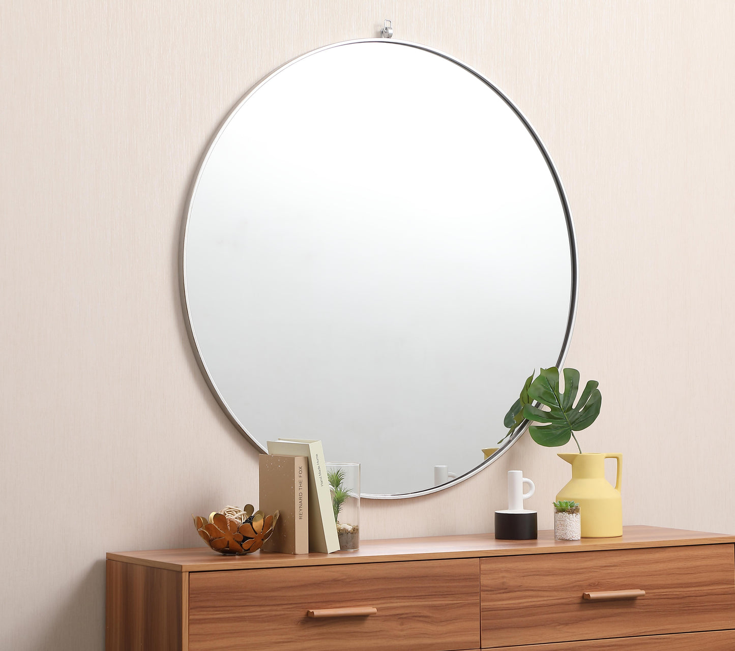 Brilliance, Metal Frame Round Mirror with Decorative Hook 45 Inch in Silver, Midcentury Modern, Silver - MR22045455S