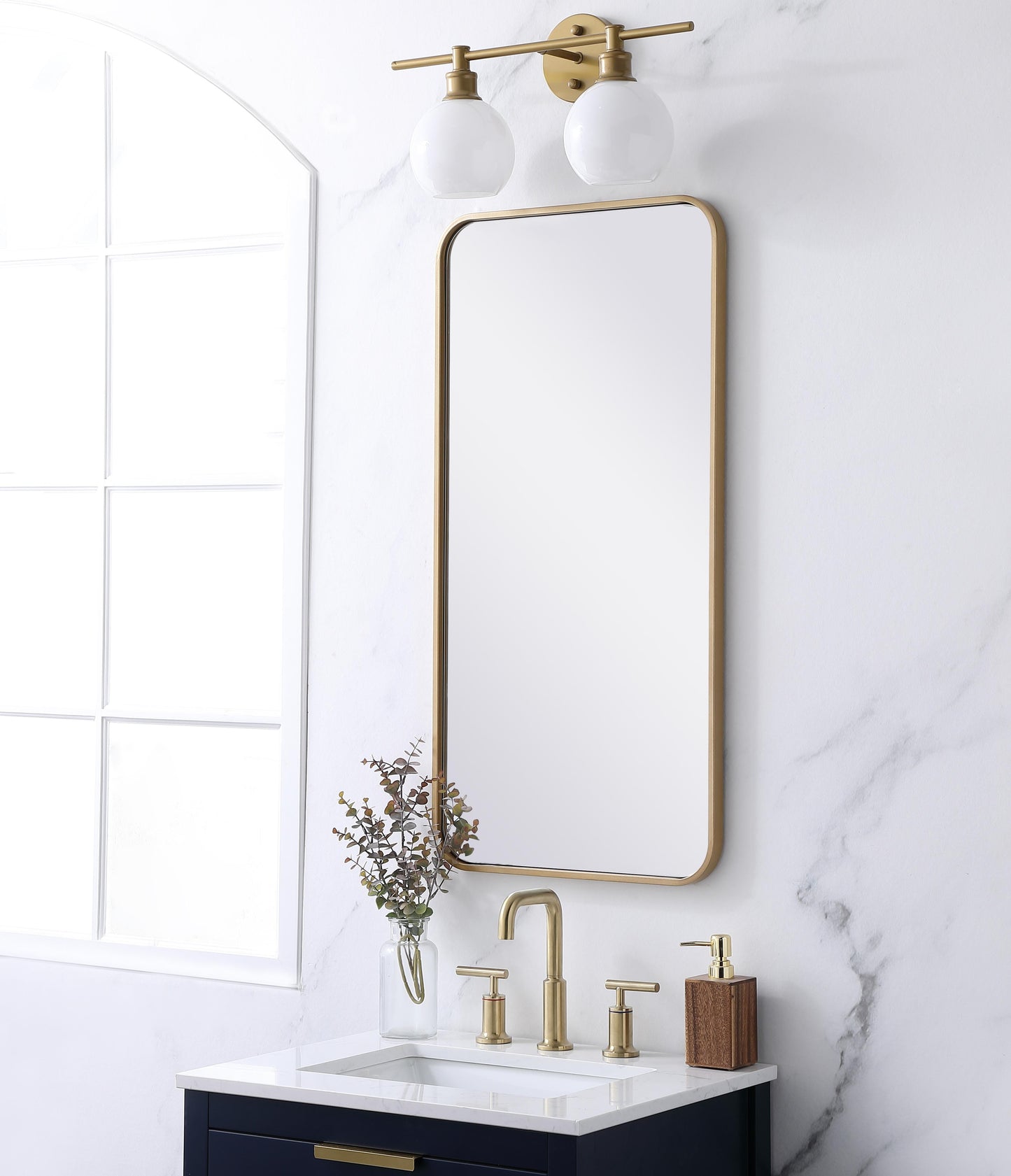 Aura, Soft Corner Metal Rectangular Mirror 18X36 Inch in, Modern, Brass - MR2801836BR