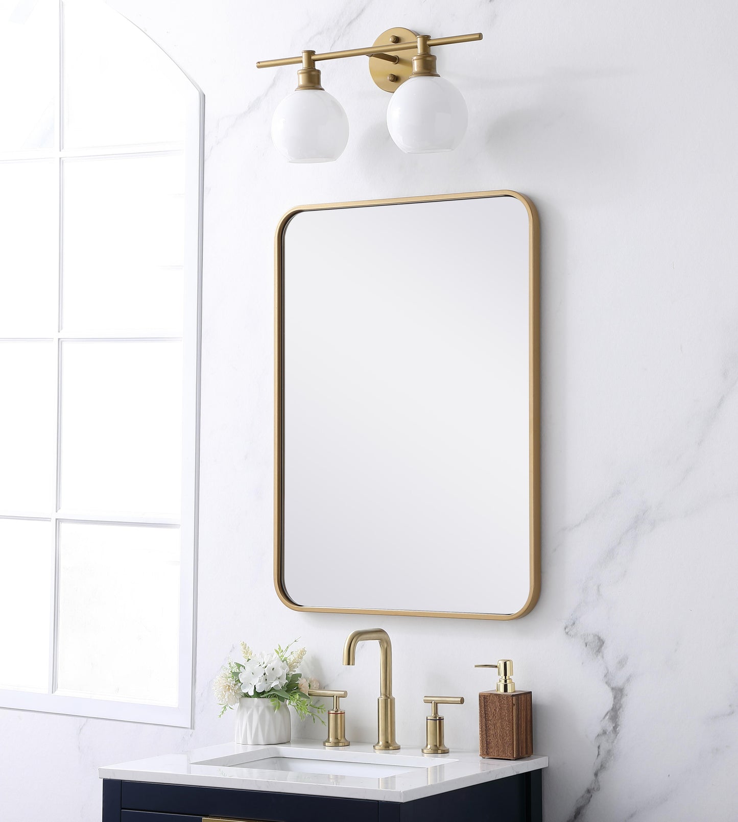 Aura, Soft Corner Metal Rectangular Mirror 22X30 Inch in, Modern, Brass - MR2802230BR