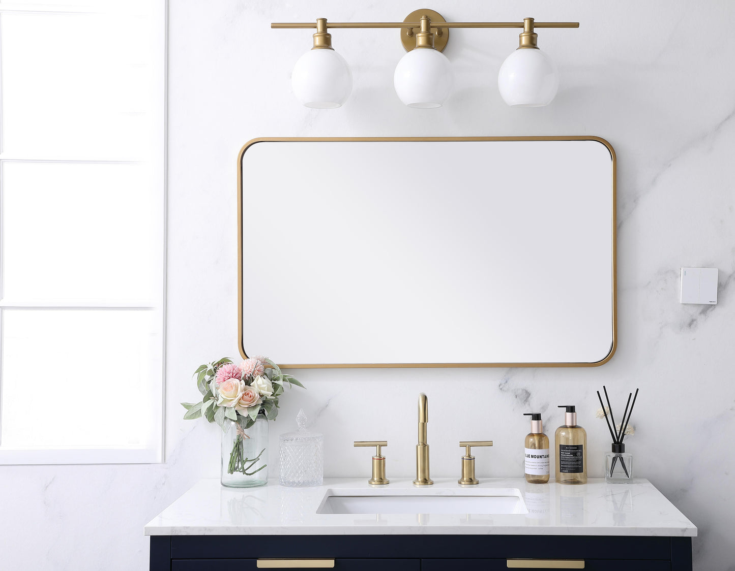 Aura, Soft Corner Metal Rectangular Mirror 22X36 Inch in, Modern, Brass - MR2802236BR