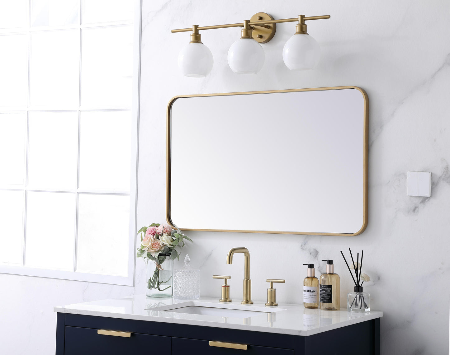 Aura, Soft Corner Metal Rectangular Mirror 22X36 Inch in, Modern, Brass - MR2802236BR