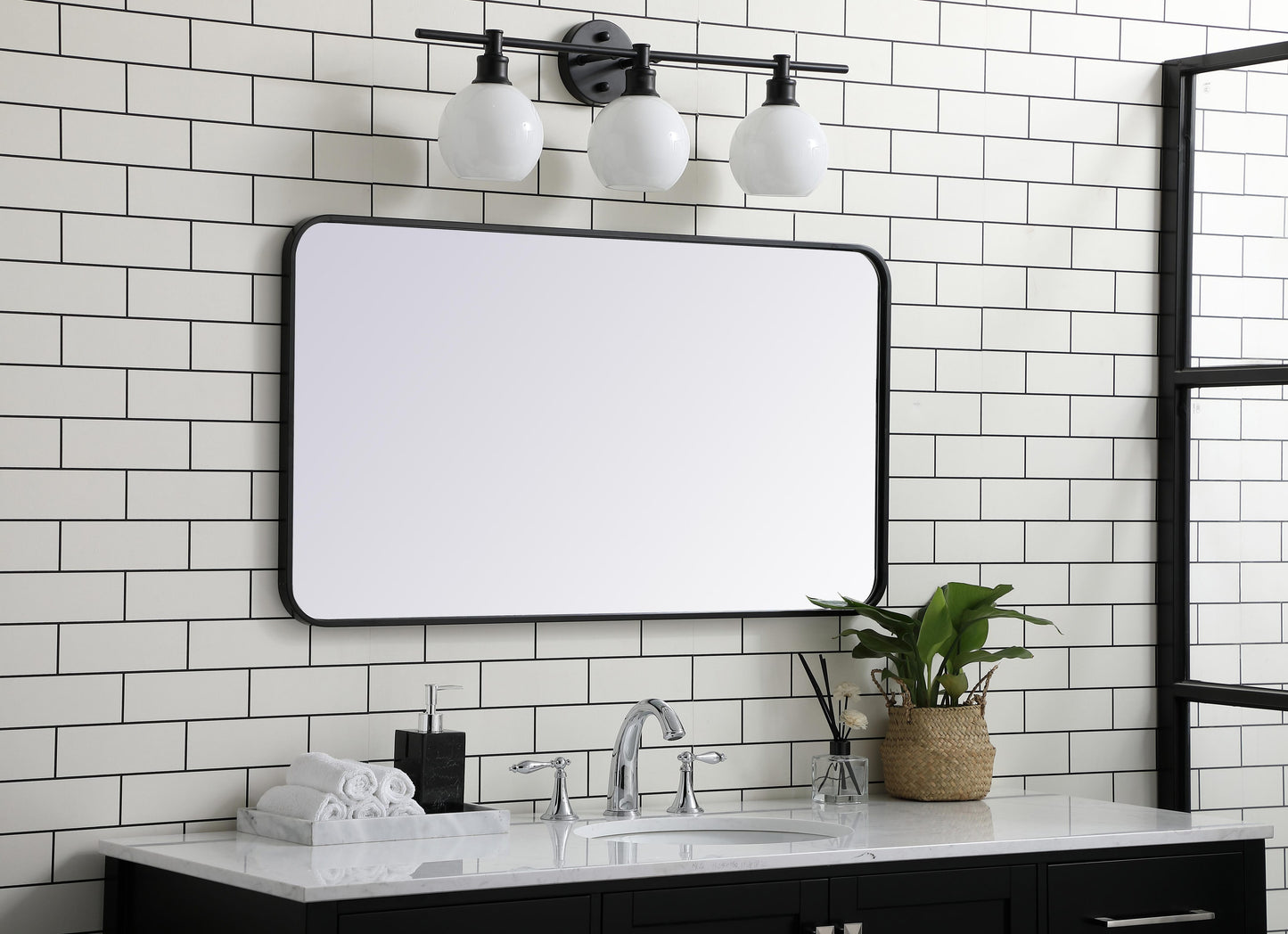 Aura, Soft Corner Metal Rectangular Mirror 22X40 Inch in, Modern, Black - MR2802240BK