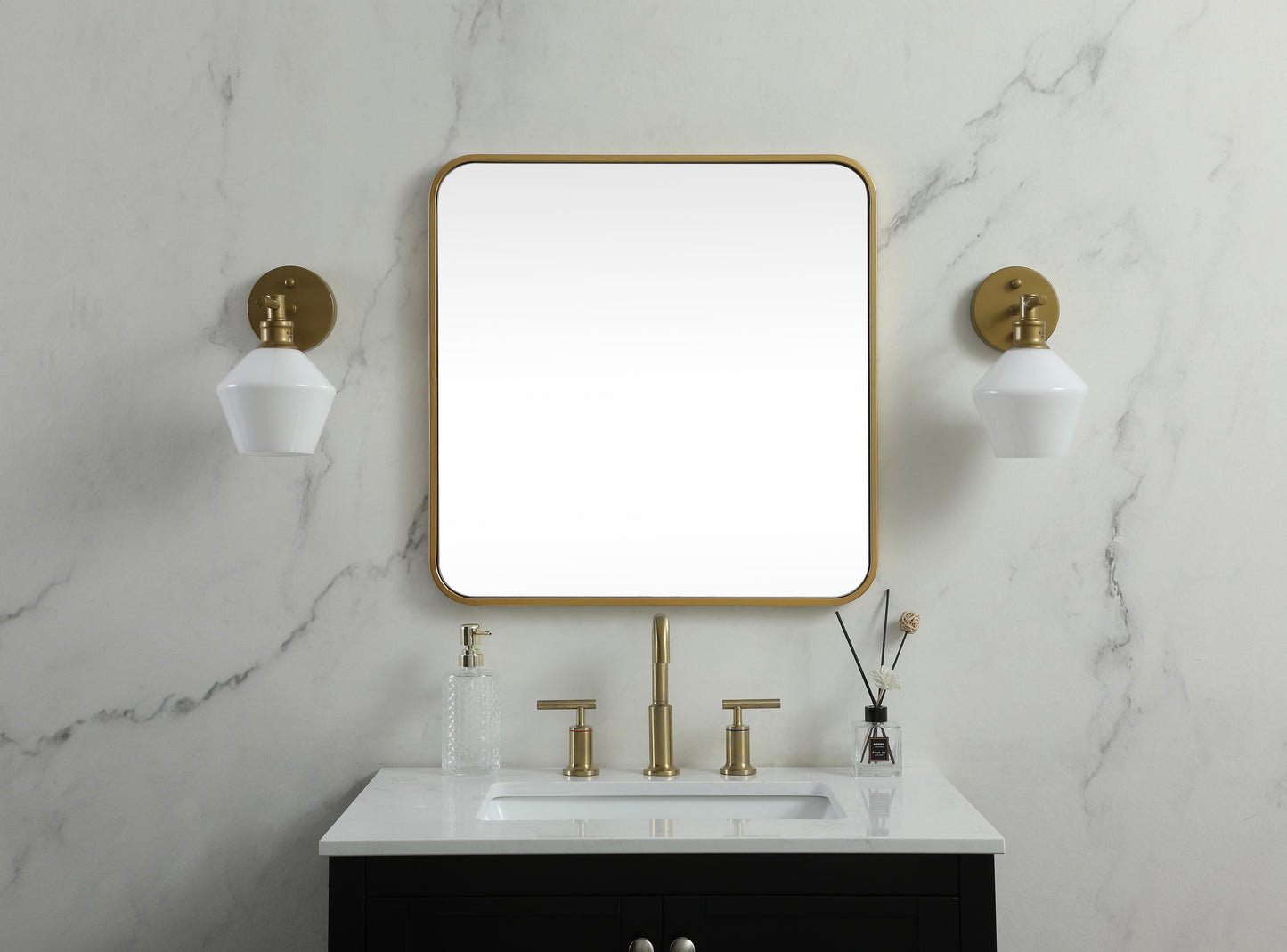 Aura, Soft Corner Metal Square Mirror 24X24 Inch in, Modern, Brass - MR2802424BR