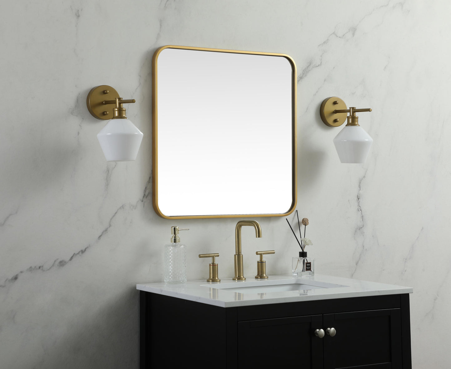 Aura, Soft Corner Metal Square Mirror 24X24 Inch in, Modern, Brass - MR2802424BR