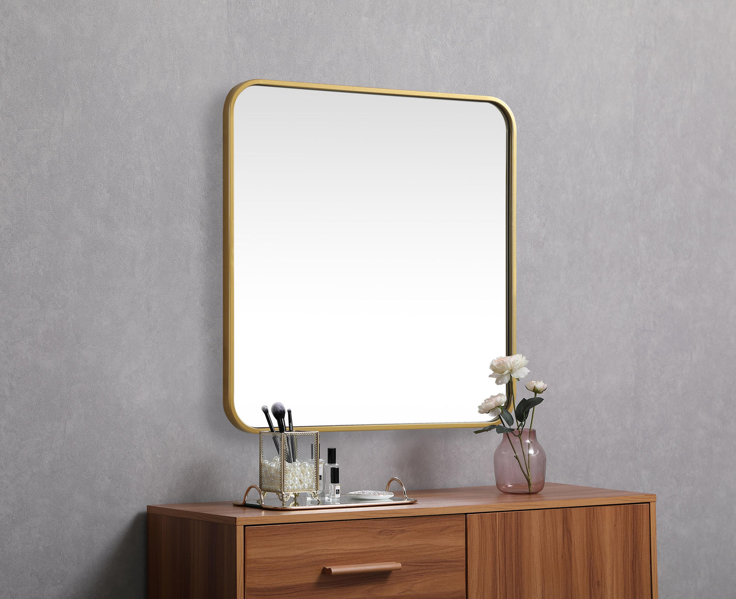 Aura, Soft Corner Metal Square Mirror 24X24 Inch in, Modern, Brass - MR2802424BR