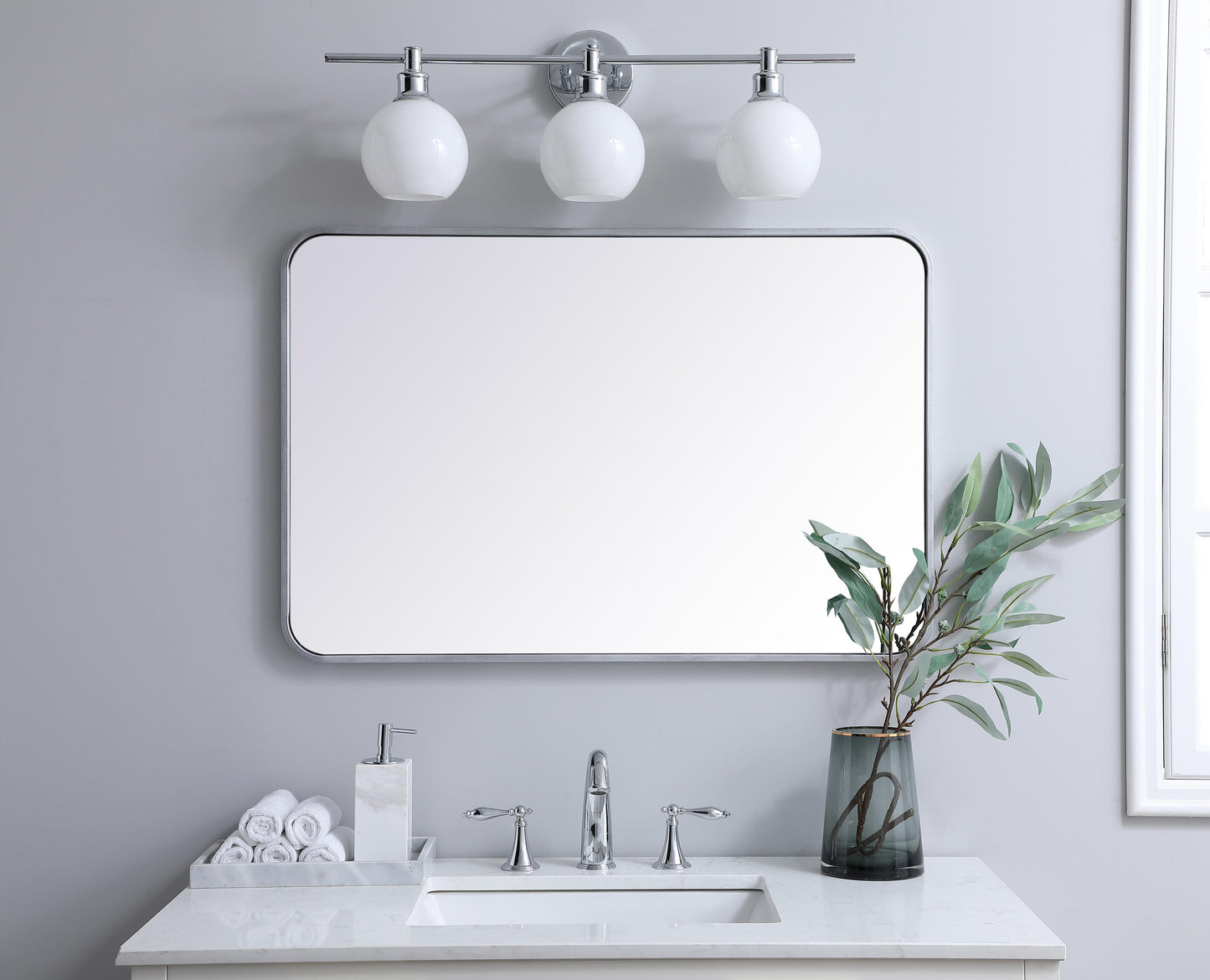 Aura, Soft Corner Metal Rectangular Mirror 24X36 Inch in, Modern, Silver - MR2802436S