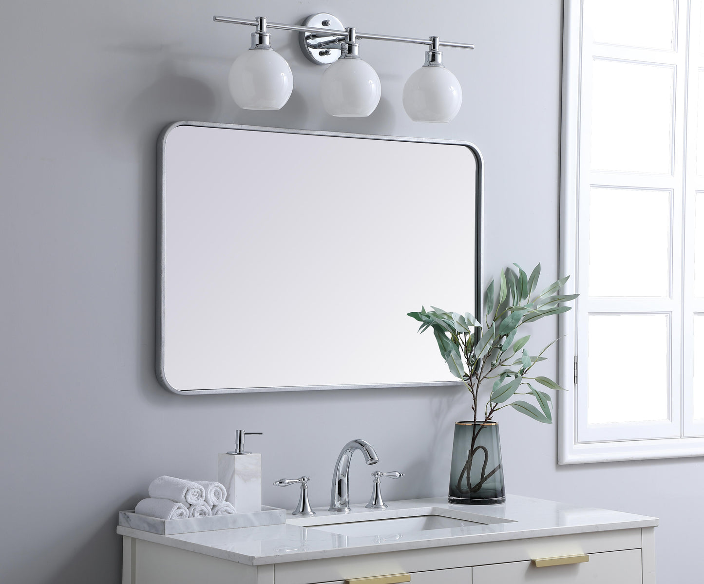 Aura, Soft Corner Metal Rectangular Mirror 24X36 Inch in, Modern, Silver - MR2802436S