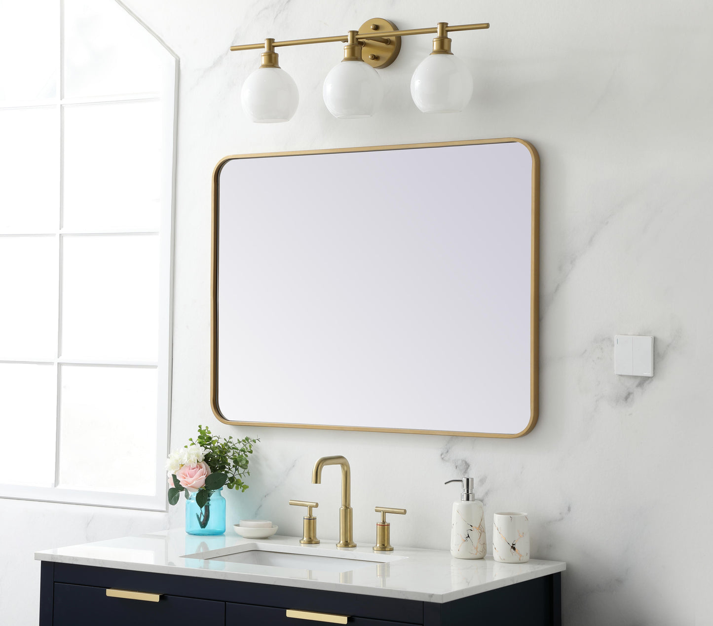 Aura, Soft Corner Metal Rectangular Mirror 27X36 Inch in, Modern, Brass - MR2802736BR