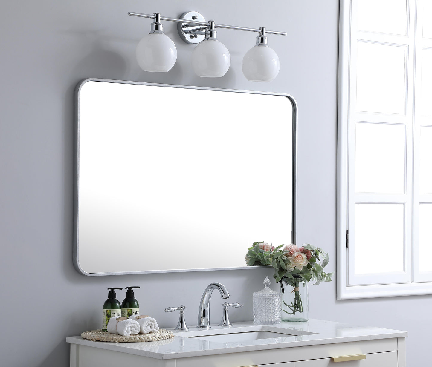 Aura, Soft Corner Metal Rectangular Mirror 27X40 Inch in, Modern, Silver - MR2802740S