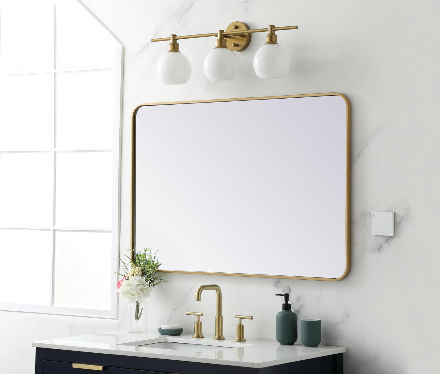 Aura, Soft Corner Metal Rectangular Mirror 28X42 Inch in, Modern, Brass - MR2802842BR