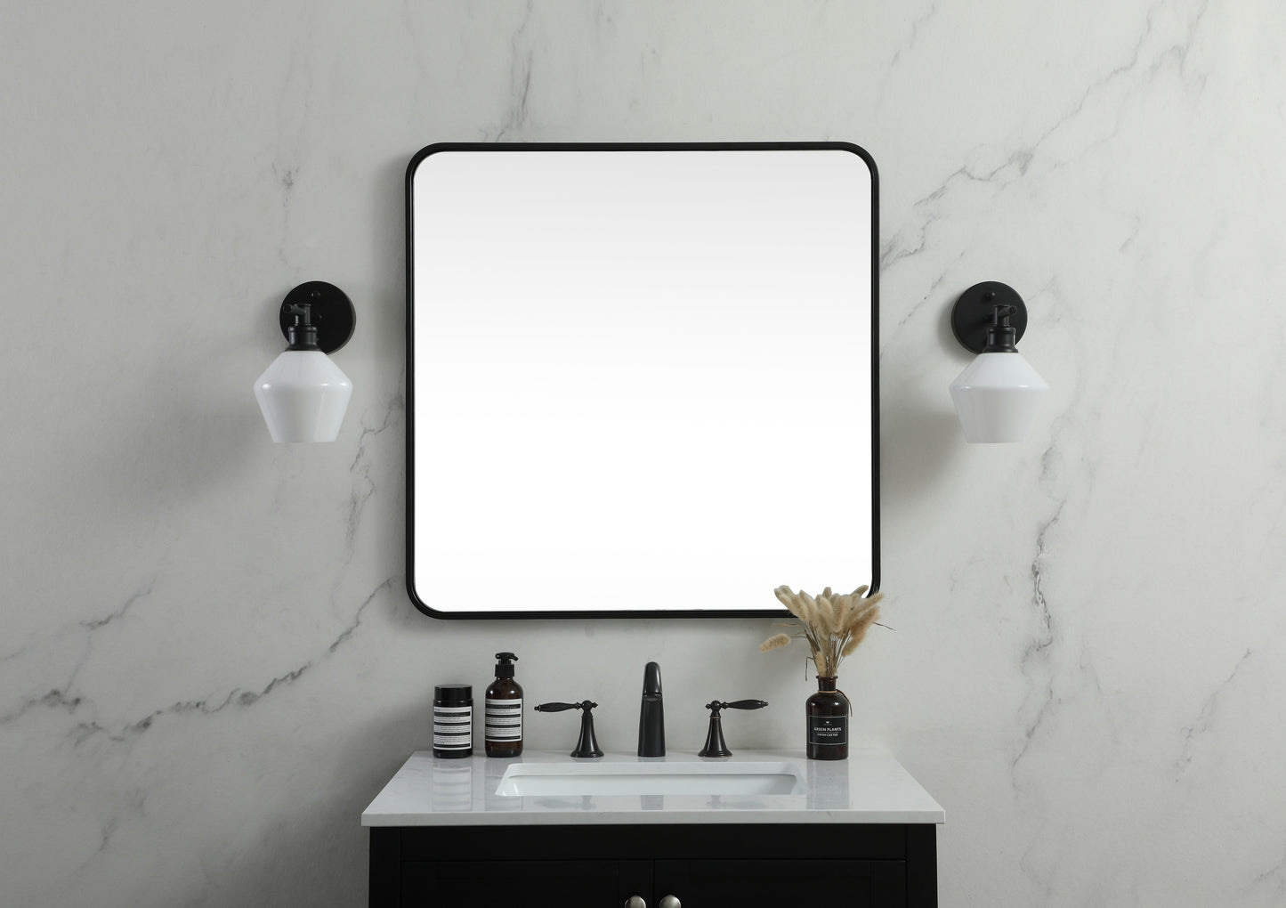 Aura, Soft Corner Metal Square Mirror 30X30 Inch in, Modern, Black - MR2803030BK