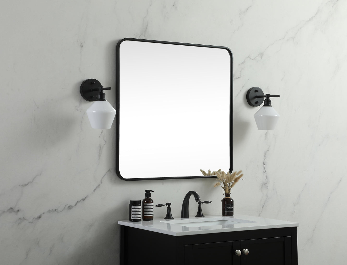 Aura, Soft Corner Metal Square Mirror 30X30 Inch in, Modern, Black - MR2803030BK