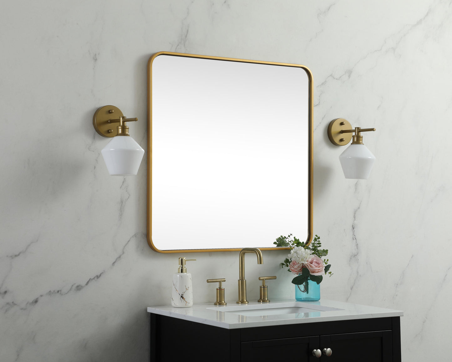 Aura, Soft Corner Metal Square Mirror 30X30 Inch in, Modern, Brass - MR2803030BR