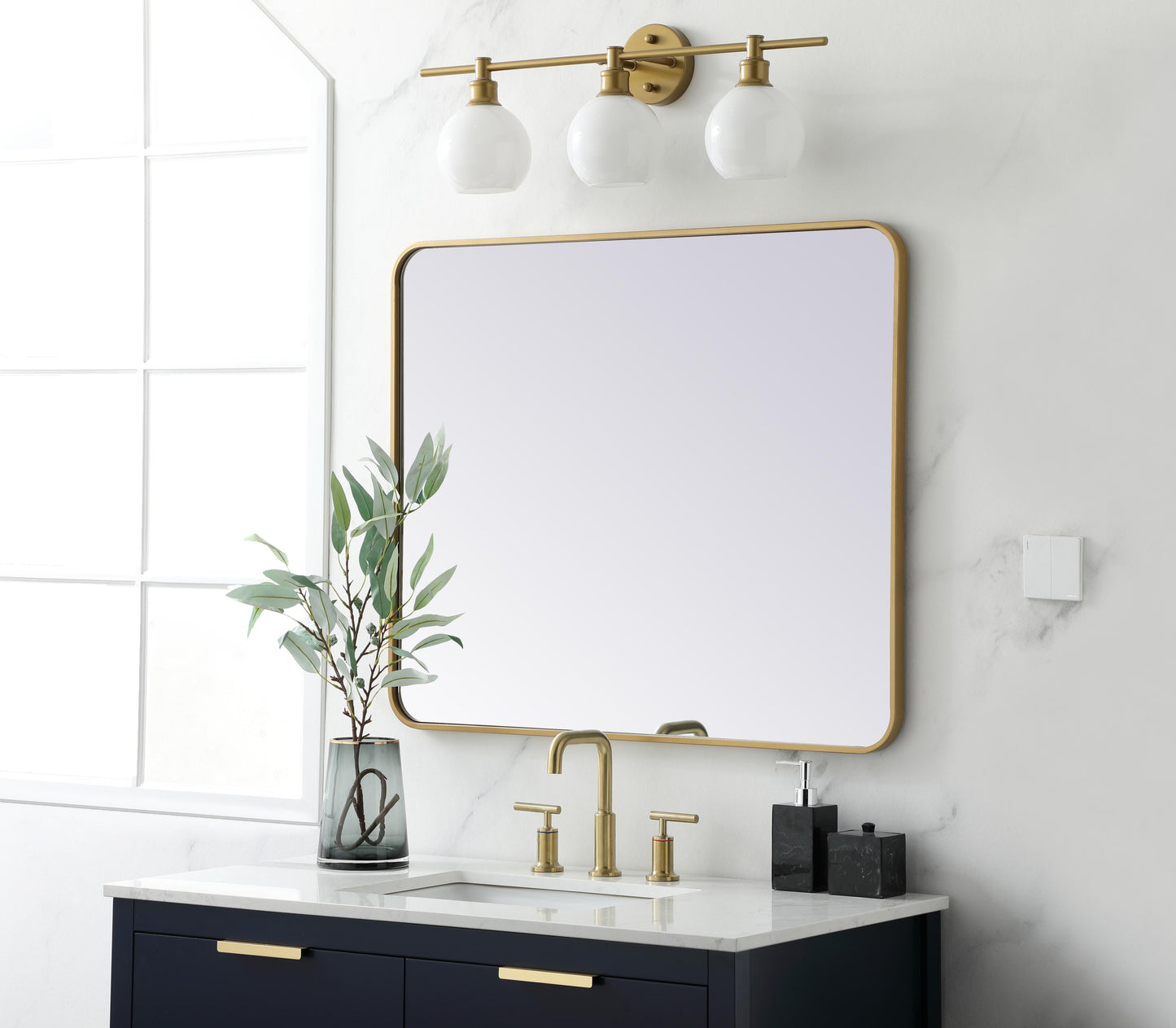 Aura, Soft Corner Metal Rectangular Mirror 30X36 Inch in, Modern, Brass - MR2803036BR