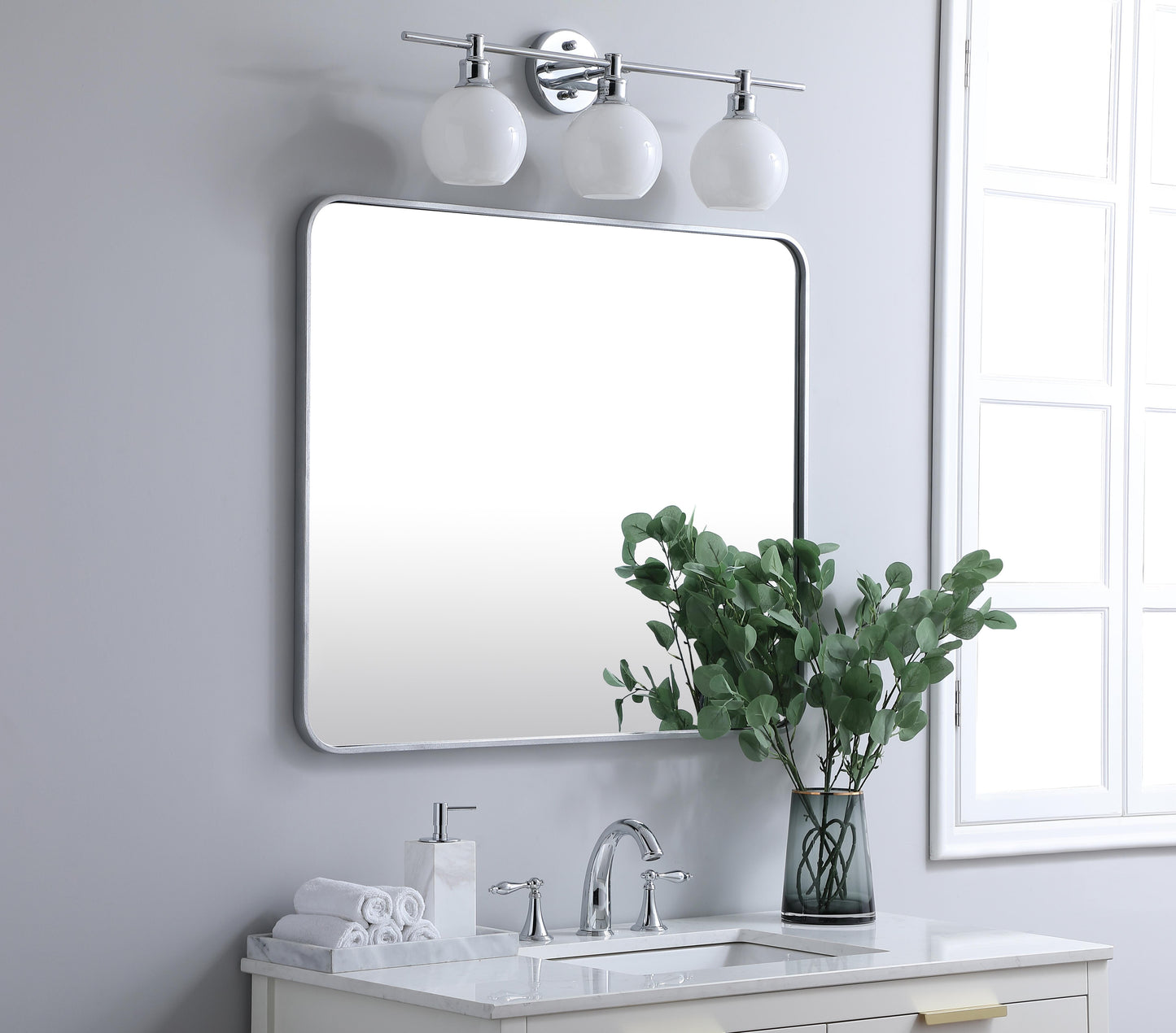 Aura, Soft Corner Metal Rectangular Mirror 30X36 Inch in, Modern, Silver - MR2803036S