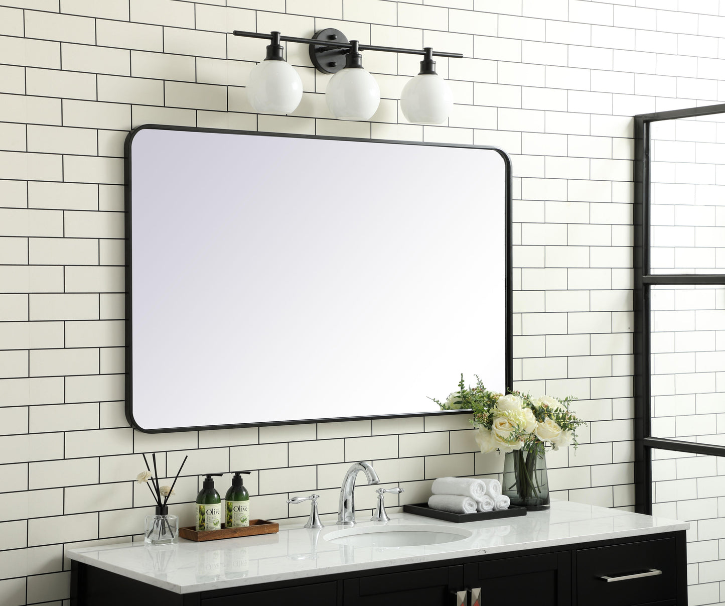 Aura, Soft Corner Metal Rectangular Mirror 30X48 Inch in, Modern, Black - MR2803048BK